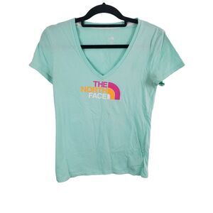 The North Face T Shirt S/P Light Blue V Neck Short Sleeve Logo Print Casual Top